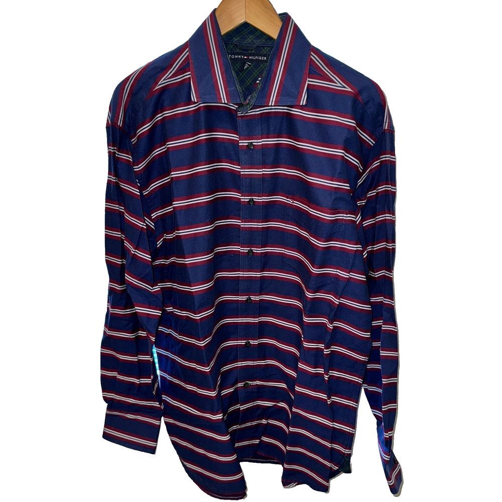 Tommy Hilfiger Shirt Mens L Navy‎ Burgundy Horizontal Striped Hong Kong 376182